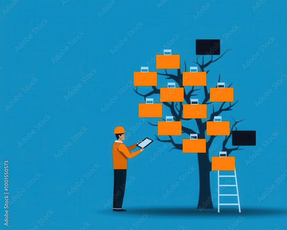 Engineer using version control system, branch and merge symbols, flat ...