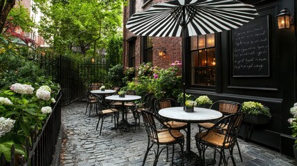 The patio is decorated with a black and white theme, featuring a black and white umbrella and a black and white sign. The tables and chairs are arranged in a way that creates a cozy