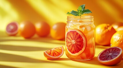 Poster - Freshly squeezed blood orange juice with ice mint and a slice of fruit in a jar on a yellow background with citrus fruits and shadow Healthy vitamin drink concept : Generative AI