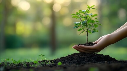 Earth Day In the hands of trees growing seedlings Bokeh green Background Female hand holding tree on nature field grass Forest conservation concept : Generative AI