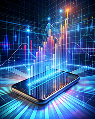 Poster - Mobile Trading:  A futuristic vision of financial markets, where data streams and charts surge from a sleek smartphone, symbolizing the dynamic power of mobile trading in a digital age. 