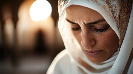 A reflective woman adorned in an ornate white veil is deep in thought, showcasing delicate details and a peaceful composure amidst a soft focus background of serenity.