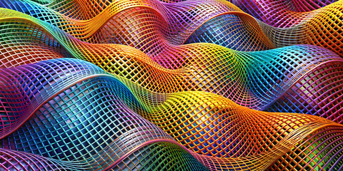 Poster - Rainbow Grid Waves:  An abstract, colorful image of a grid pattern forming sinuous waves, creating a vibrant and dynamic visual experience. The rainbow hues blend seamlessly.