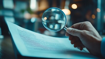 Fototapete - business document management file corporate information laptop folder professional paper close up to hand hold magnifier to search file to management document is important too business : Generative AI
