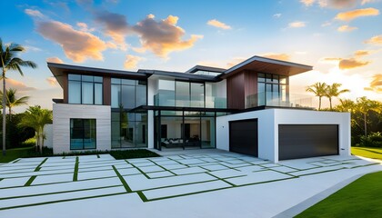 Wall Mural - solar energy panels shining under a vibrant sunset on a house rooftop