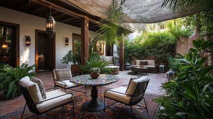 Wall Mural - A patio with a table and chairs, and a large plant in the background. The patio is decorated with a white rug and a white chair