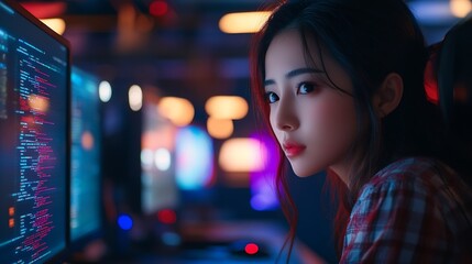 Aufkleber - Female Asian Game Programmer Coding On Desktop Computer In Game Development Studio Diverse Office Focused Woman Writes Lines Of Code Does AI Engineering For New Immersive 3D Survival V : Generative AI