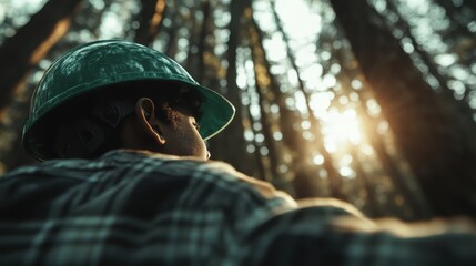 A person wearing a safety helmet and plaid shirt gazes up at the sun through the thick forest canopy, symbolizing hard work and connection to nature.