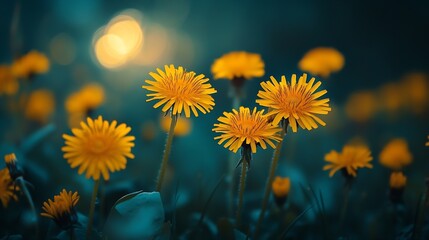 Poster - Floral summer spring background Yellow dandelion flowers closeup in a field on nature on a dark blue green background in evening at sunset Colorful artistic image free copy space : Generative AI