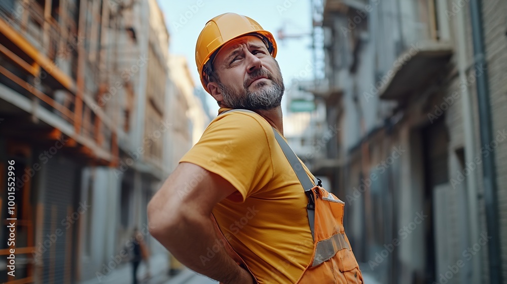 Construction worker suffering back ache and complaining trying to lift ...
