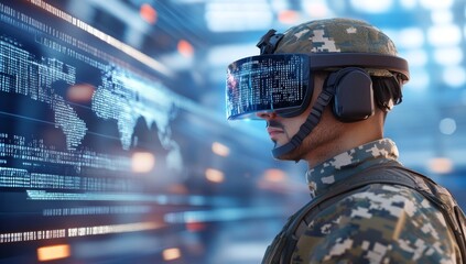 Modern soldier in camouflage and helmet, wearing augmented reality goggles that display holographic data