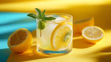 Aufkleber - A  cold lemonade in a glass with lemon mint and ice on a yellow and blue background with shadow The concept of a refreshing and healthy drink : Generative AI