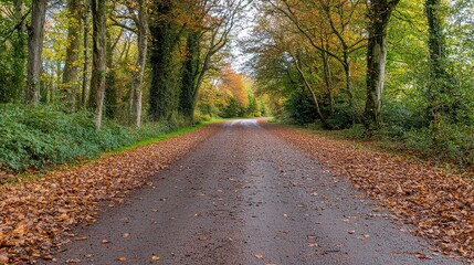 Wall Mural - A road with leaves on the ground and trees in the background. The road is empty and the leaves are scattered all over it