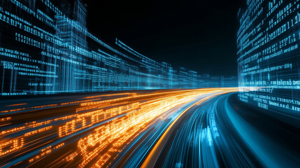 A digital highway of glowing code with fast-moving data streams.