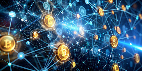 Fototapete - Bitcoin Network: A mesmerizing digital representation of the Bitcoin network, with golden coins interconnected by glowing blue lines.  The image evokes a sense of decentralized power.
