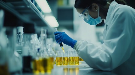 Fototapete - Tablet scientist and happy for analysis in laboratory healthcare and reading of online pharmaceutical research Asian expert technology or connection for innovation or information in bi : Generative AI