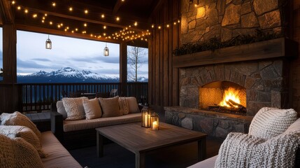 Wall Mural - A cozy living room with a fireplace and a view of mountains. The room is lit up with lights and has a warm, inviting atmosphere