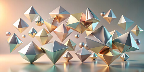 Poster - Geometric Abstract: A mesmerizing array of floating metallic pyramids and spheres create a dynamic and abstract composition, reflecting a futuristic and modern aesthetic.
