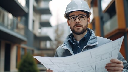 Poster - Architect engineer or interior designer showing worker new apartment plan realtor consulting builder in making real estate renovation repair investment and apartment construction weari : Generative AI