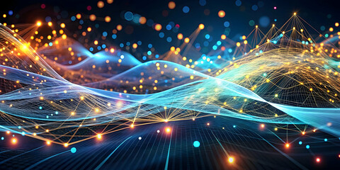 Poster - Abstract Tech Landscape: A mesmerizing abstract digital landscape, showcasing interconnected waves of data, glowing with vibrant colors.