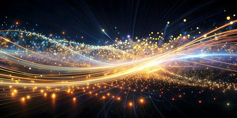 Poster - Cosmic Dance of Light:  An abstract, ethereal  representation of energy, connection, and digital flow.  The image is filled with light trails, glowing particles, and a sense of movement.