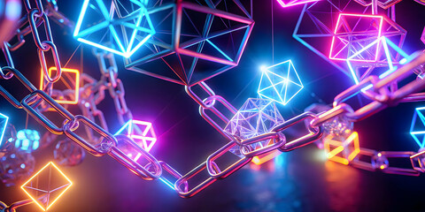 Poster - Neon Chain Links and Glowing Cubes: Abstract digital art showcasing interconnected neon cubes hanging from metallic chains, creating a vibrant and futuristic visual. Perfect for tech, blockchain.
