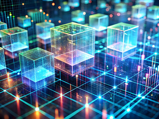 Poster - Digital Network of Glowing Cubes: Abstract concept of a digital network with glowing cubes, representing data, technology, and innovation.