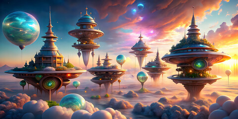 Sticker - Floating Cities in a Dreamlike Sky:  A stunning, vibrant, and surreal digital art painting depicting a breathtaking landscape of floating cities, suspended in a dreamy sky. The vibrant colors.