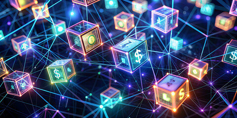 Poster - The Interconnected World of Finance: Abstract 3D rendering of glowing cubes representing various currencies, interconnected by a network of lines, symbolizing the global financial system.