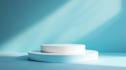 Poster - Abstract empty white podium with geometric shadows on blue background Mock up stand for product presentation 3D Render Minimal concept Advertising template : Generative AI