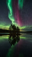 colorful aurora borealis reflected in a calm lake.