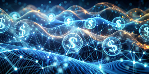 Poster - Digital Currency Flow: Abstract visualization of a dynamic financial network with glowing dollar signs flowing through interconnected nodes.  A captivating image representing cryptocurrency.