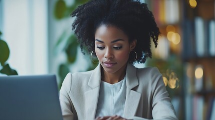 Aufkleber - Young African American business woman sitting at working desk in office using laptop computer browsing online banking website updating personal details and taking notes in notebook : Generative AI