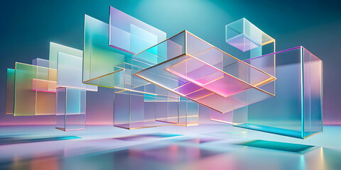 Poster - Abstract Glass Prisms: A mesmerizing arrangement of vibrant, translucent glass prisms,  suspended in a blue and pink gradient backdrop, creating a dynamic and ethereal visual experience.