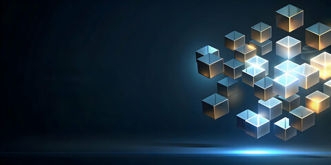 Poster - Digital Cubes: Abstract Network of glowing cubes in dark blue background 