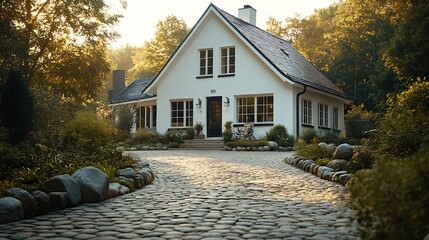 Aufkleber - White simple family house with cobblestone entry pathway : Generative AI