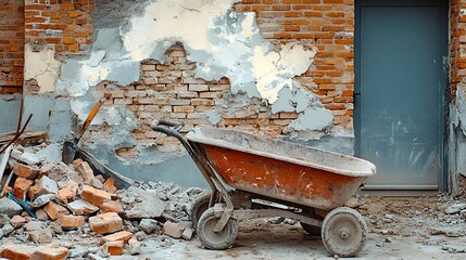 Sticker - Break the wall for renovation and build the door for entrance of building Wheelbarrow with broken bricks in site construction : Generative AI