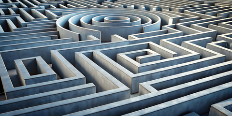 Poster - Intricate Concrete Maze: A complex, spiraling labyrinth of gray concrete walls creates a visually striking image, symbolizing challenges, paths, and the search for solutions. 