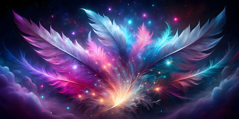Poster - Feathers of Cosmic Dreams: A vibrant tapestry of swirling feathers bursts forth from a celestial canvas, bathed in a symphony of luminous colors.