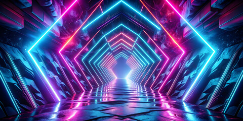 Poster - Neon Tunnel of Light: A mesmerizing abstract background featuring a vibrant blue and pink neon light tunnel. The geometric shapes and reflective floor create a futuristic and otherworldly atmosphere.