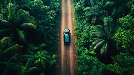 Poster - Adventure morning road trip in the forest aerial view of a car on deep jungle road On The Road Again concept : Generative AI