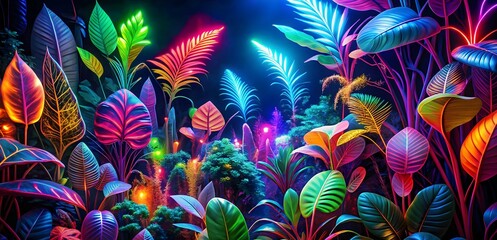 Poster - Neon Jungle: Vibrant, neon-colored leaves and plants illuminate a lush, surreal jungle at night. The colors blend and dance creating a psychedelic and dreamlike atmosphere.