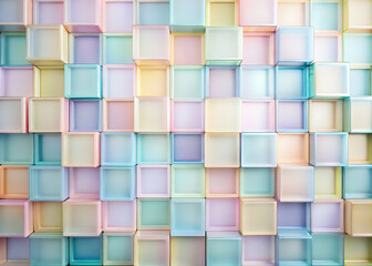 Poster - Pastel Cube Wall: A captivating backdrop of pastel-colored translucent cubes creates a dreamy, textured pattern. Perfect for design projects needing a soft, modern aesthetic. 
