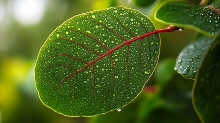 Aufkleber - Coccoloba pubescens green leaf with red veins texture close up Nature vegetation background with  largeleaf or mountaingrape or  Eves umbrella plant Green grandleaf seagrape plant : Generative AI