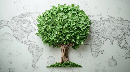 Environmentally friendly planet Symbolic tree made from green leaves and branches with sketches map of the world Minimal nature concept Think Green Ecology Concept Top view Flat lay : Generative AI