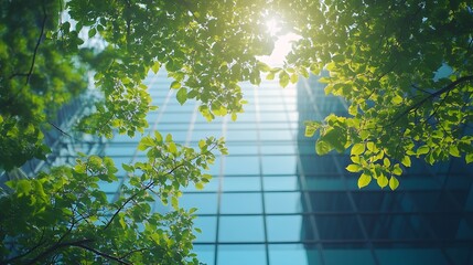 Wall Mural - Ecofriendly building in the modern city Green tree branches with leaves and sustainable glass building for reducing heat and carbon dioxide Office building with green environment Go gr : Generative AI