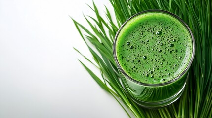 Wheatgrass juice on white background Healthy organic green detox juice from grass of green germinated wheat grains Healthy drink Green leaves of young wheat and wheat grass juice : Generative AI