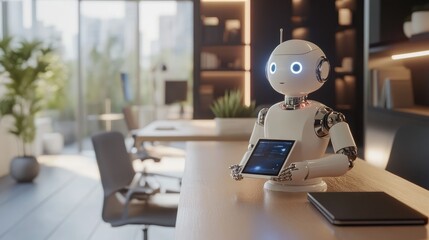 Poster - AI robot using a tablet to coordinate smart devices, elegant and modern office setting