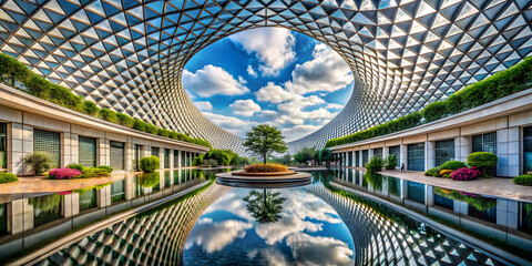 Poster - Modern Architecture Oasis: A serene reflection pool, framed by a geometrically stunning ceiling,  captures the beauty of modern architecture and the harmony of nature.