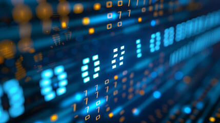 Binary code data on a digital screen in blue tones